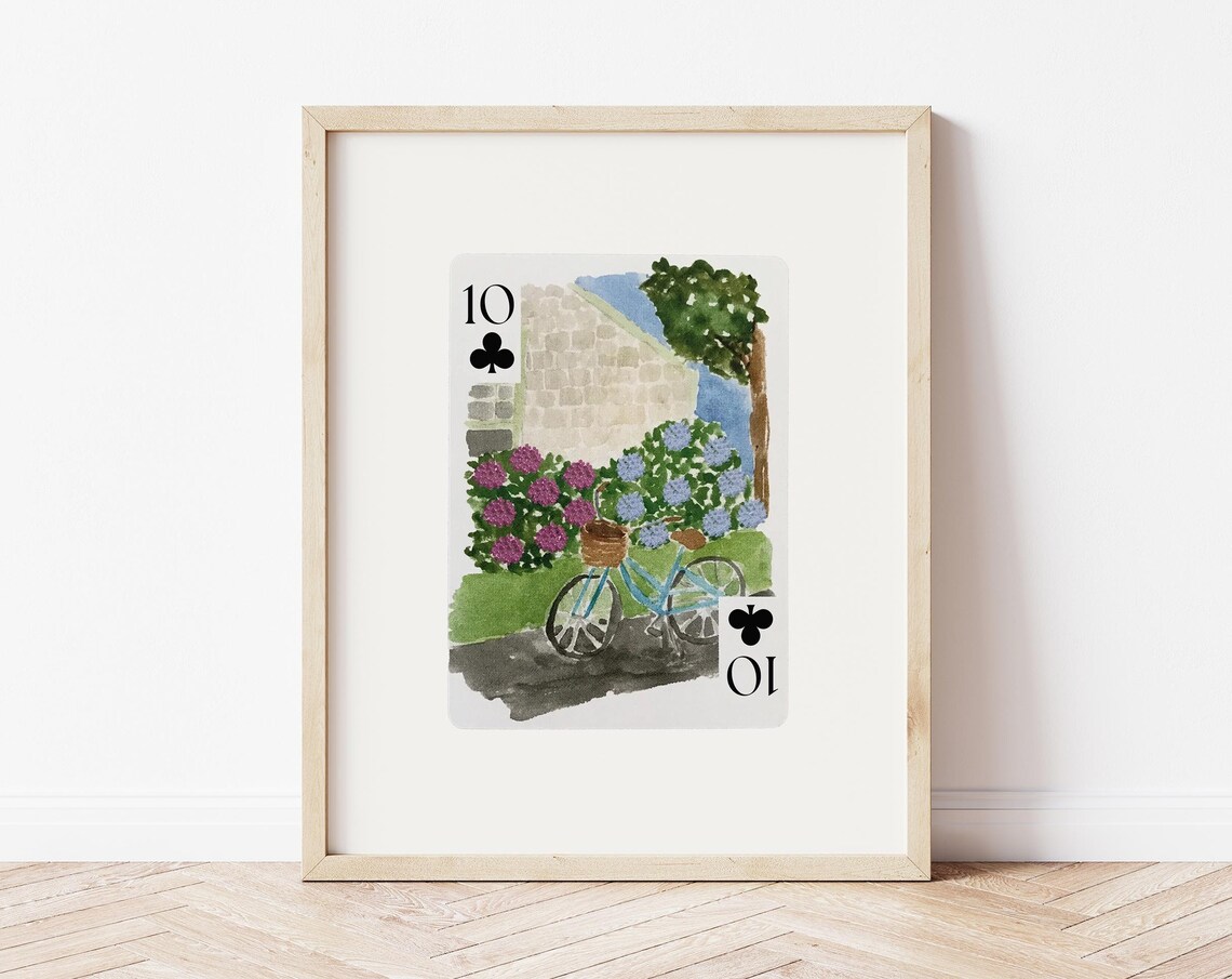 Playing Card 10 of Clubs Bicycle and Hydrangea Watercolor Poster