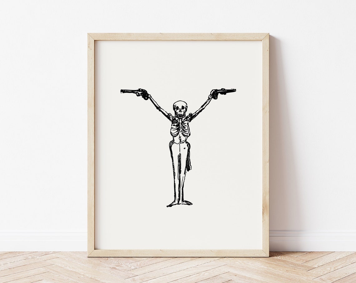 Spooky Skeleton Holding Pistols Black Line Art Cowboy Wall Print