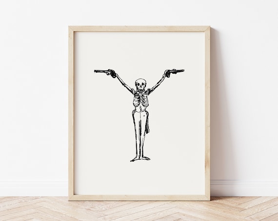 Spooky Skeleton Holding Pistols Black Line Art Cowboy Wall Print