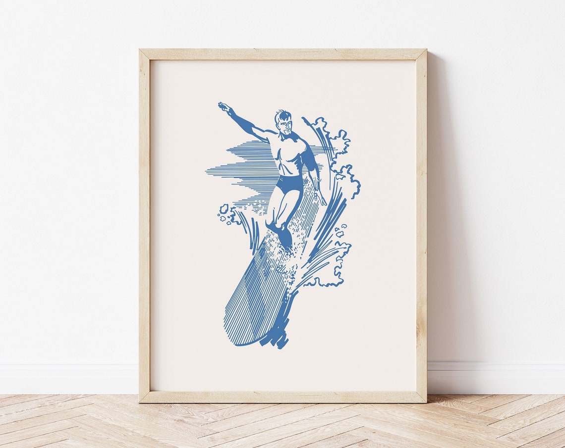 Retro Blue Surfer Riding Ocean Wave Vintage Surf Line Art Print