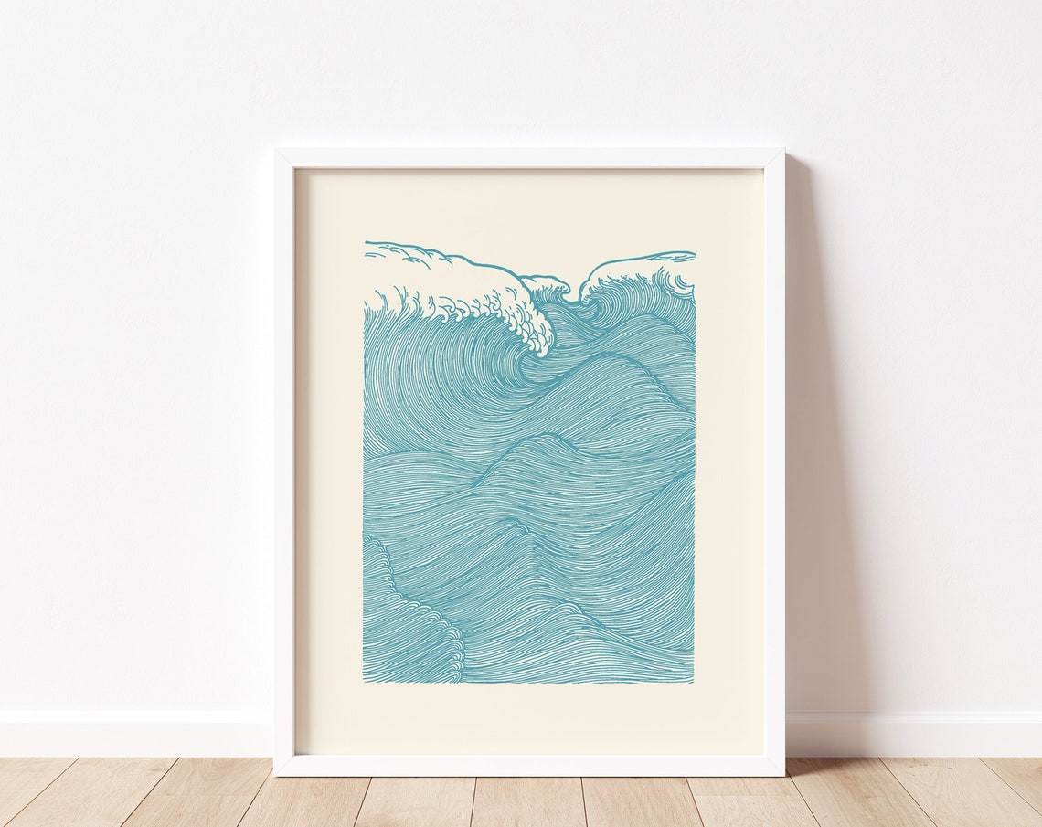 Teal Fine Line Ocean Wave Study Japanese Style Surf Wall Art