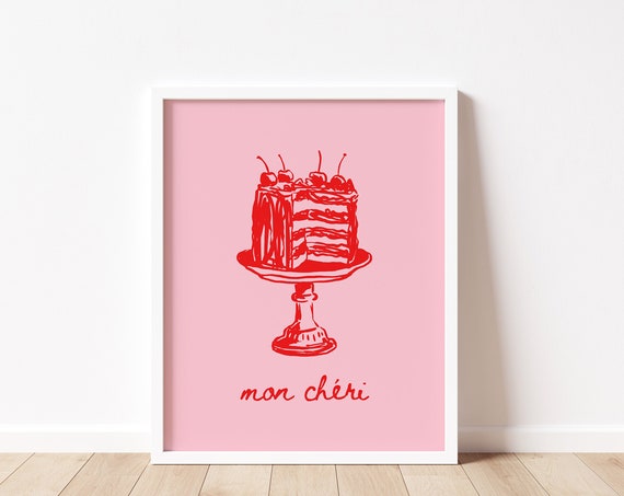 Cute Cake Art Print Mon Cheri Kitchen Print Vintage Dessert Poster Pink Red Art French Art Poster Cherry Cake Art Valentines Day Art