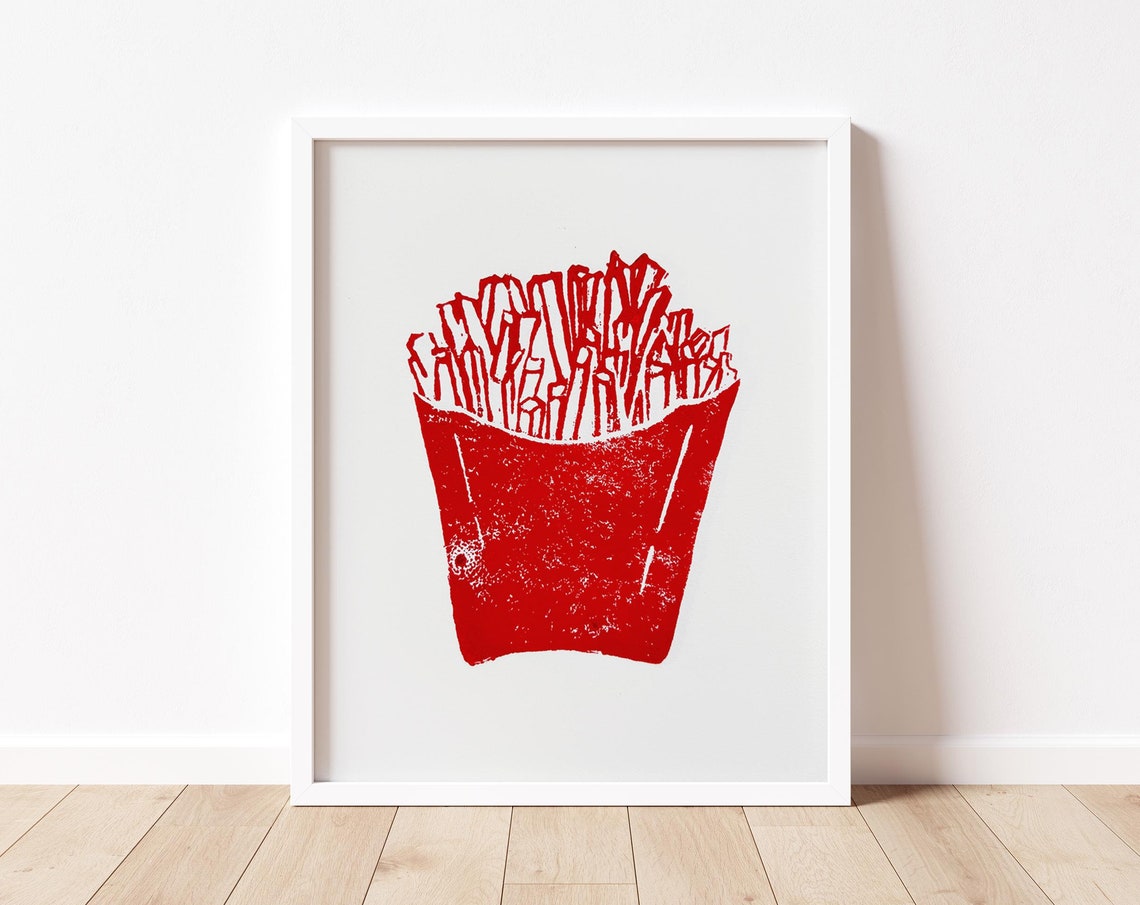 French Fries Print Fries Kitchen Wall Art Red Kitchen Wall Art Excuse My French Funny French Fries Art Food Linocut Retro Food Poster