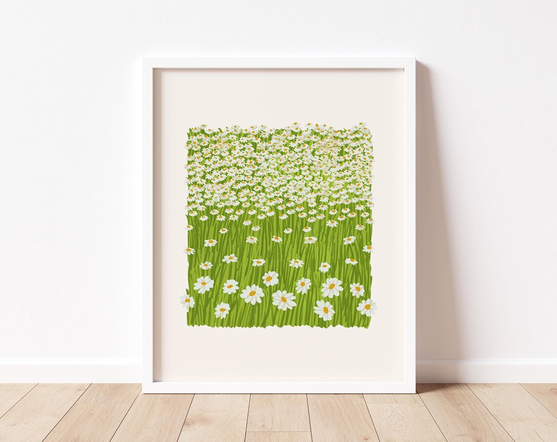 White Daisy Flower Field Lush Green Meadow Botanical Wall Art