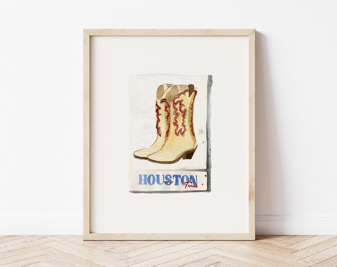 Houston Texas Cowboy Boots Watercolor Matchbox Style Wall Art