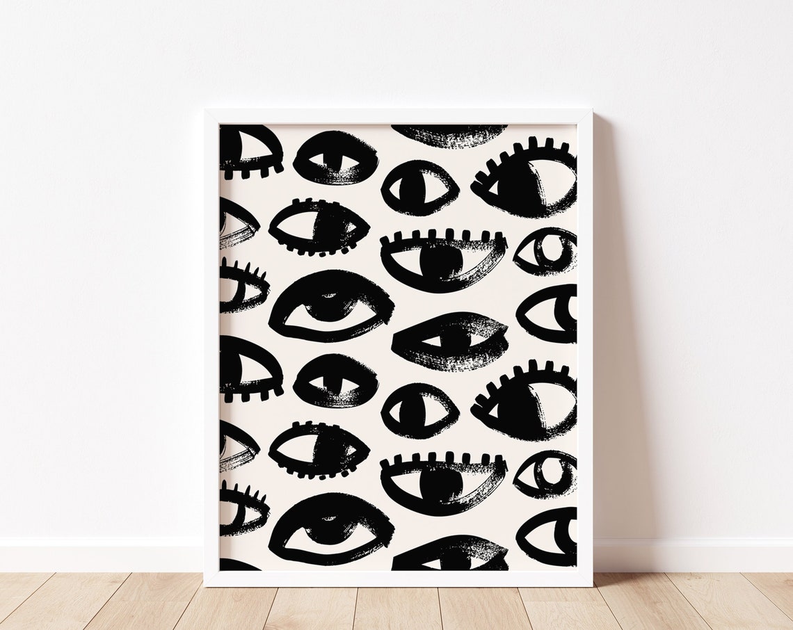 Black and Cream Eyes Doodle Pattern Bold Minimalist Art Print