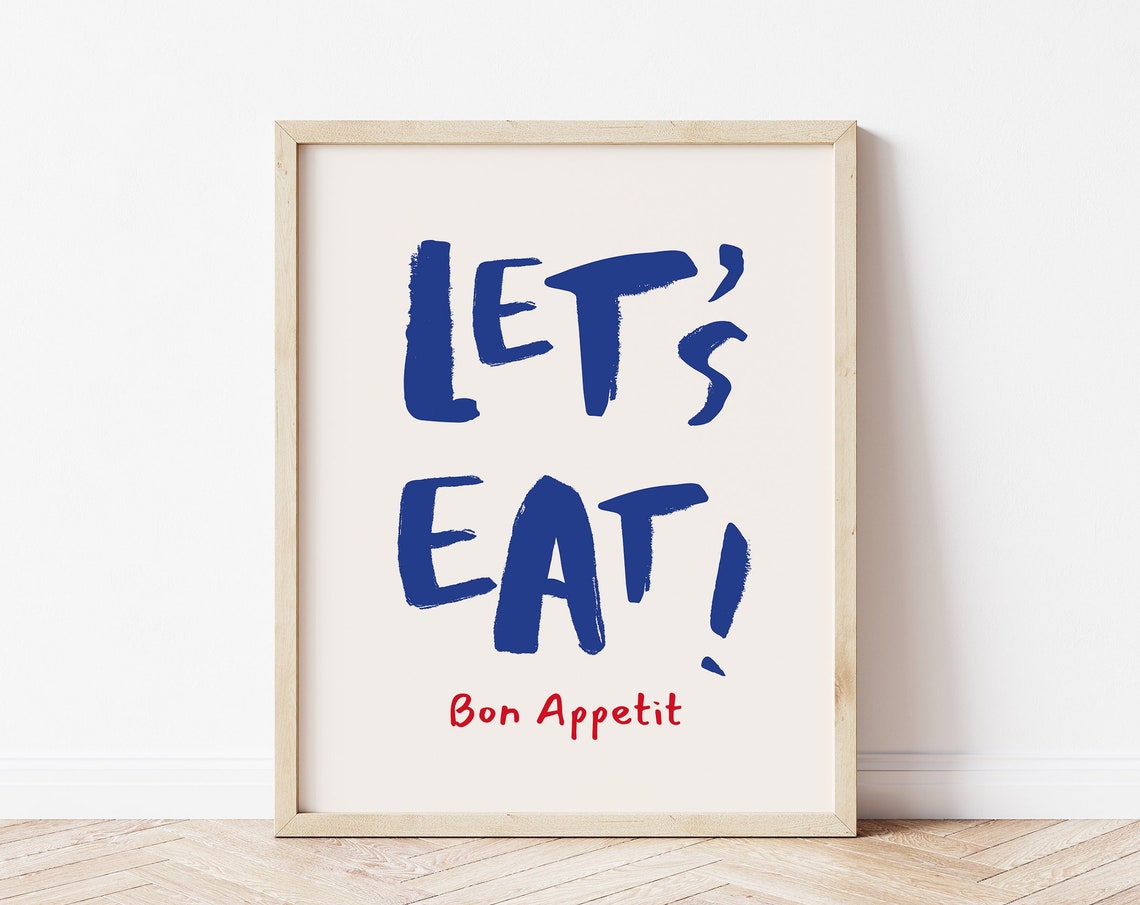 Let's Eat Bon Appetit Blue Brush Lettering Kitchen Decor Print