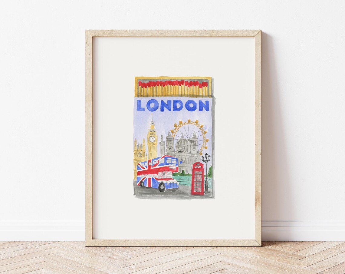 London Watercolor Matchbox Print with Big Ben and Red Bus Art
