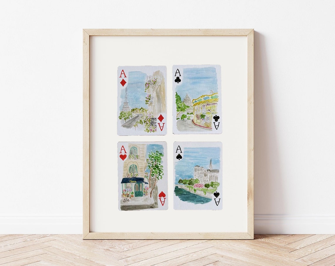 Four Aces Paris Watercolor Playing Cards with Eiffel Tower Print