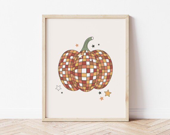 Disco Ball Pumpkin Retro Halloween Sparkle Stars Fun Art Print