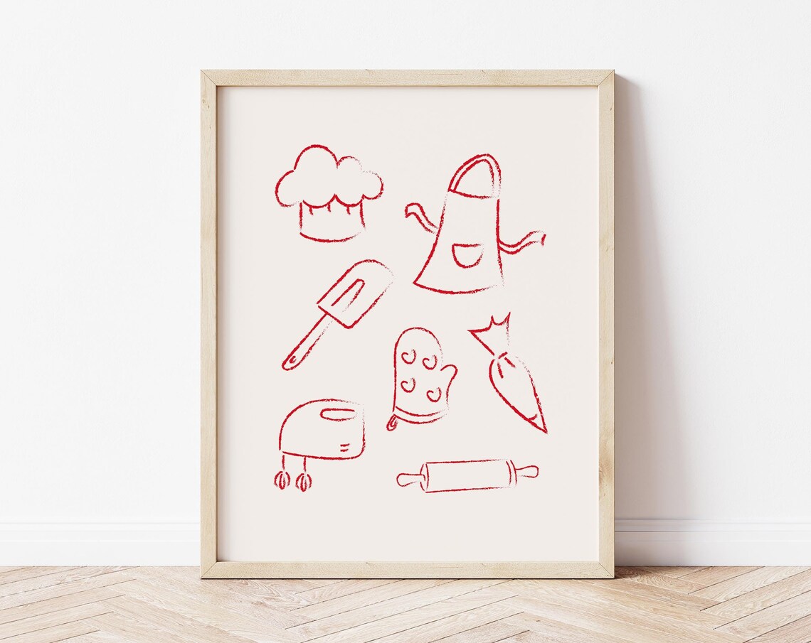 Kitchen Tools Poster Utensils Wall Art Hand Drawn Kitchen Print Kitchen Illustration Modern Kitchen Decor Chef Print Cute Cooking Art