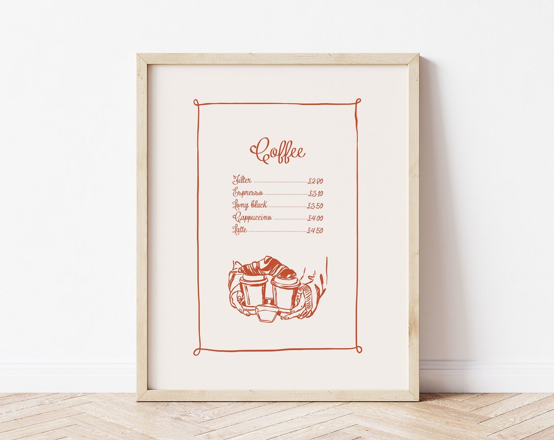 Coffee Menu Prices Espresso Cappuccino Latte Rustic Cafe Print