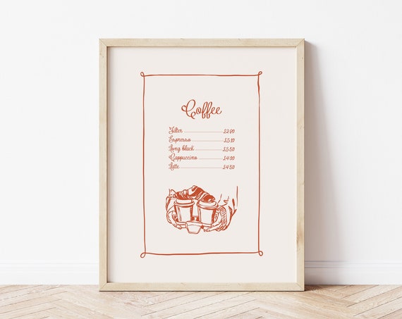 Coffee Menu Print Hand Drawn Coffee Print Coffee Illustration Espresso Print Latte Print Cappuccino Wall Art Coffee Lover Art Cafe Art