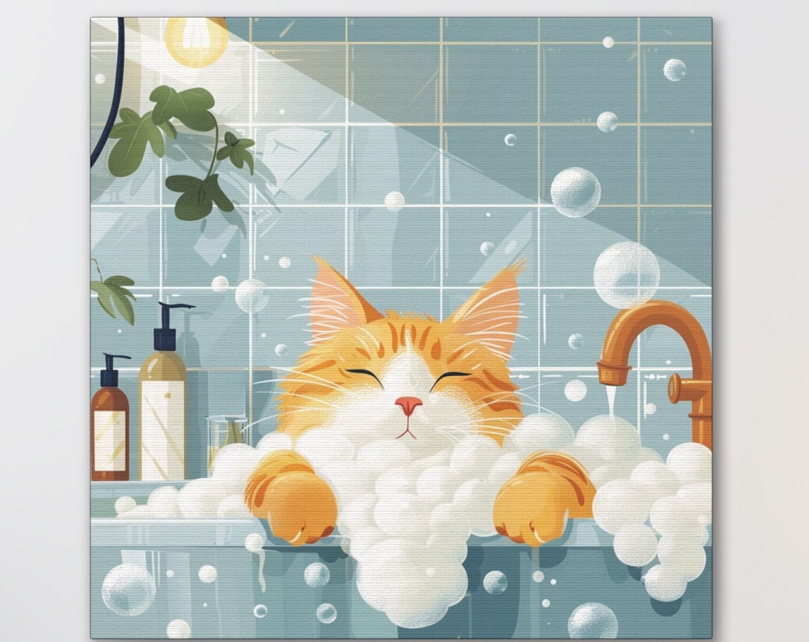 Contented Ginger Cat Relaxing in a Bubble Bath Cartoon Art Poster