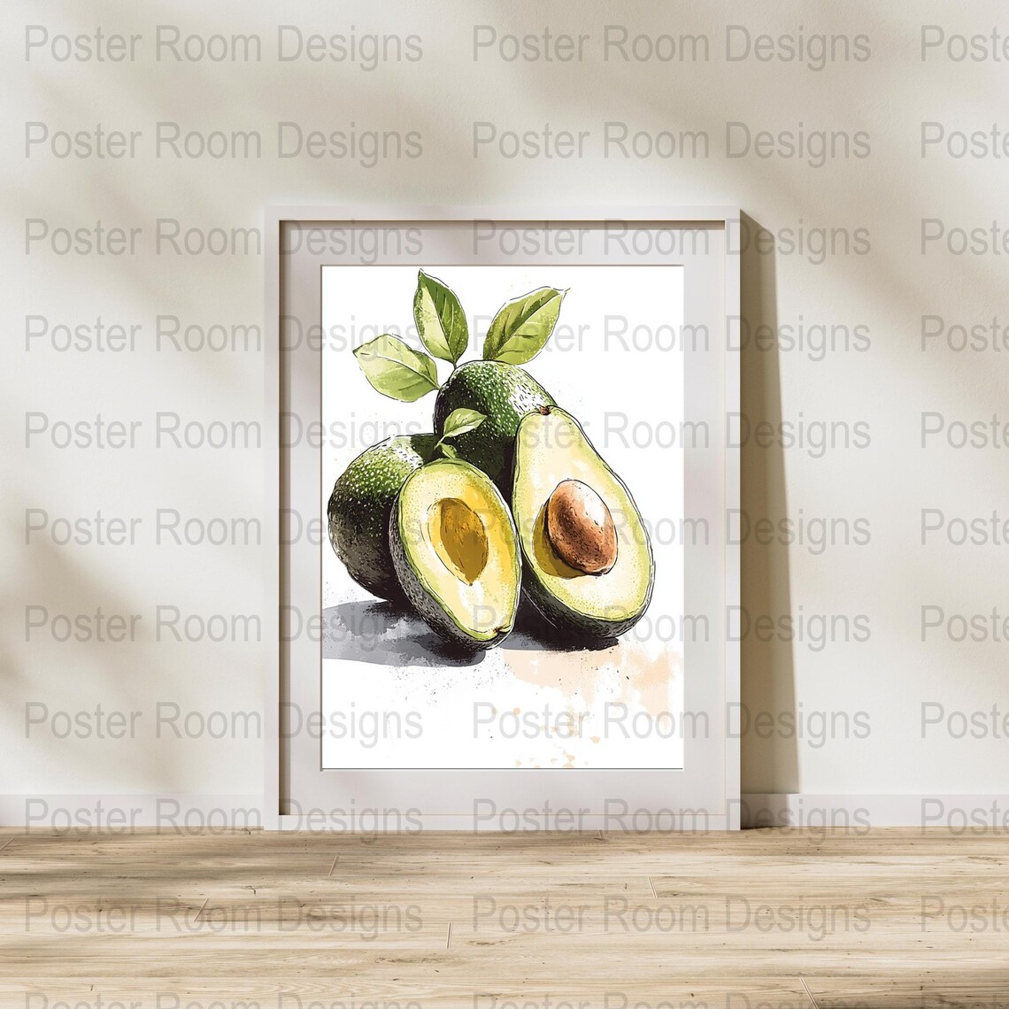 Watercolor Avocado Halves with Green Leaves Still Life Poster - Image 2