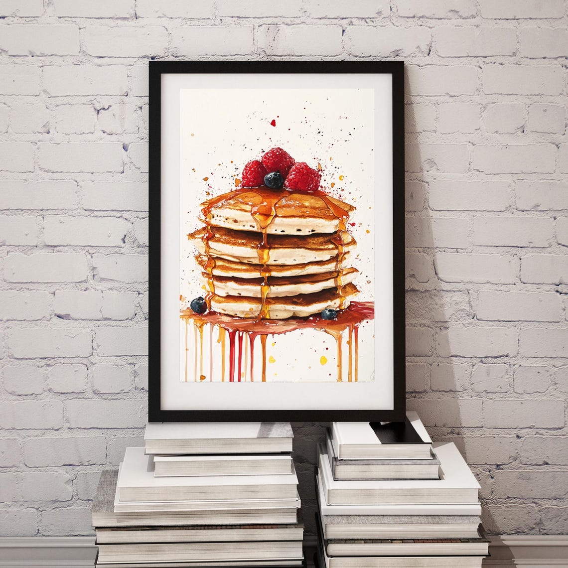 Stacked Pancakes Watercolor Painting with Berries and Syrup Poster