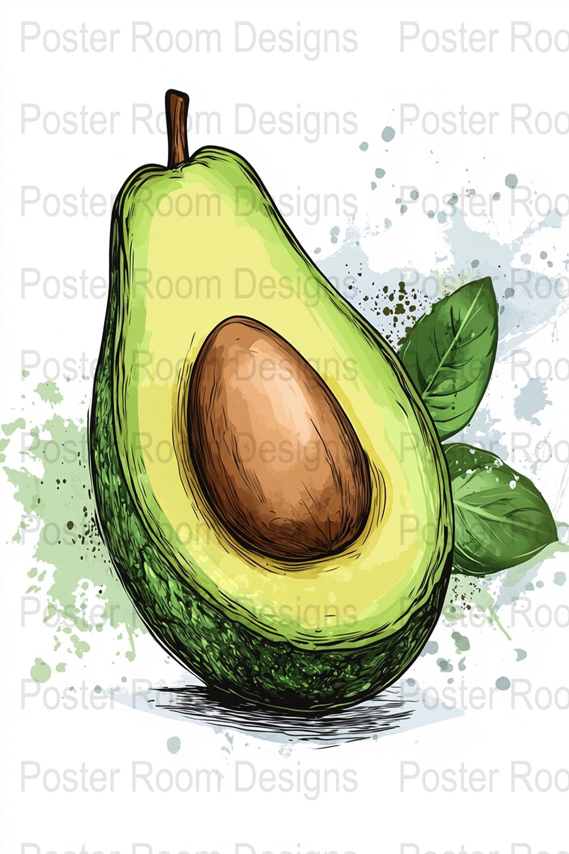 Avocado Half Ink Sketch Poster with Soft Watercolor Splashes - Image 3