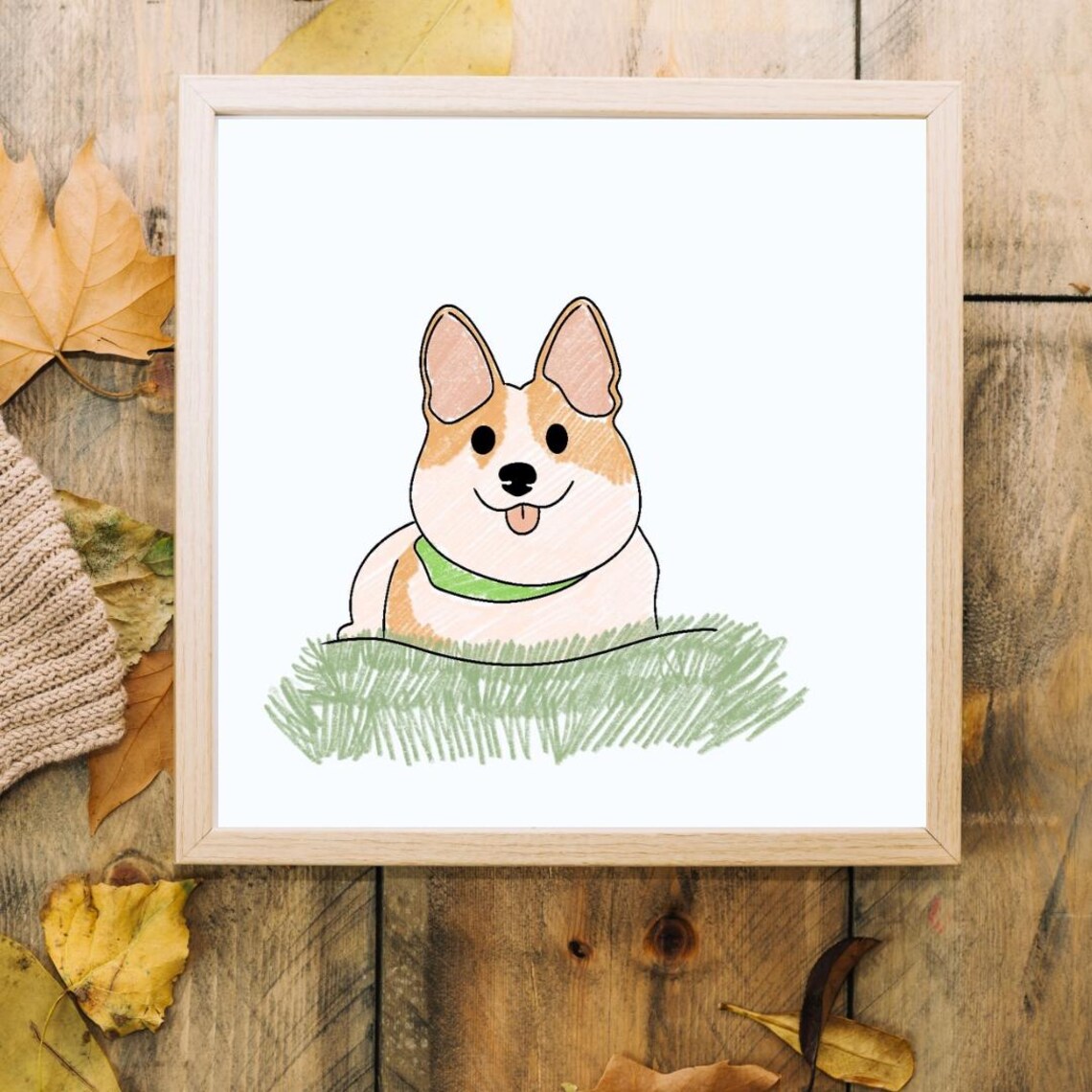 Cute Corgi Puppy Cartoon Peeking Over Grass Happy Dog Animal Wall Art