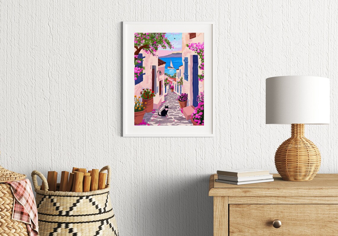 Rhodes Illustration Greece Travel Poster, Lindos Cat - Image 3