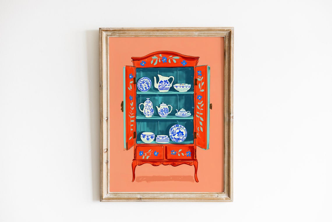 Red Painted Hutch With Blue White Porcelain Collection Poster