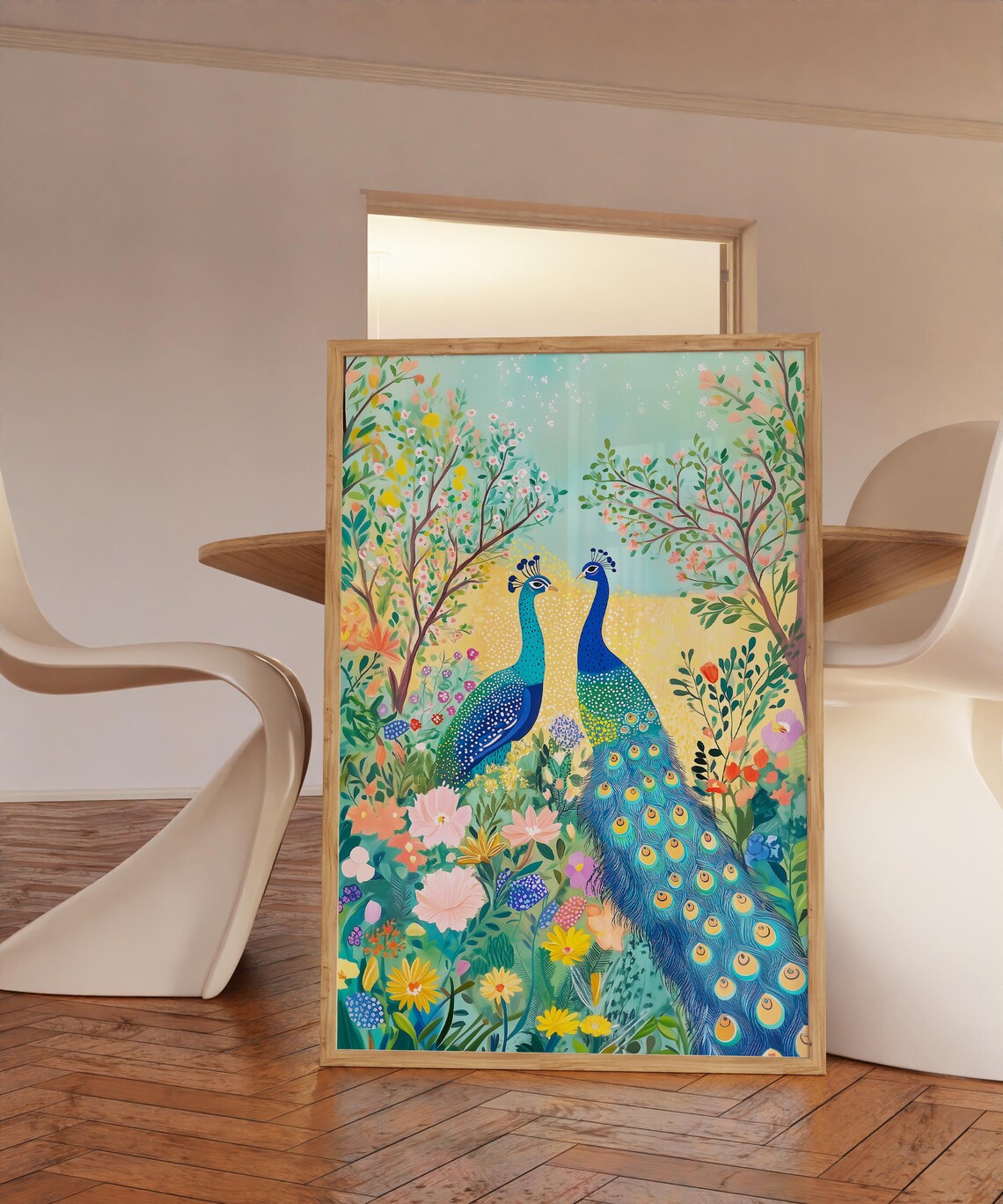 Garden Peacocks Art Print, Floral Illustration - Image 3