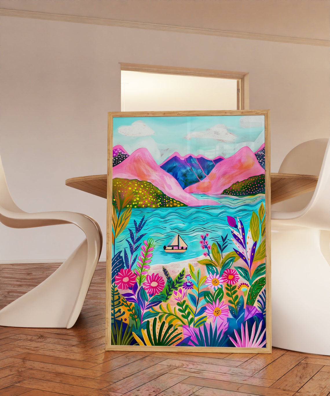 Vibrant Pink Mountain Lake Sailboat Tropical Flower Garden Art Poster