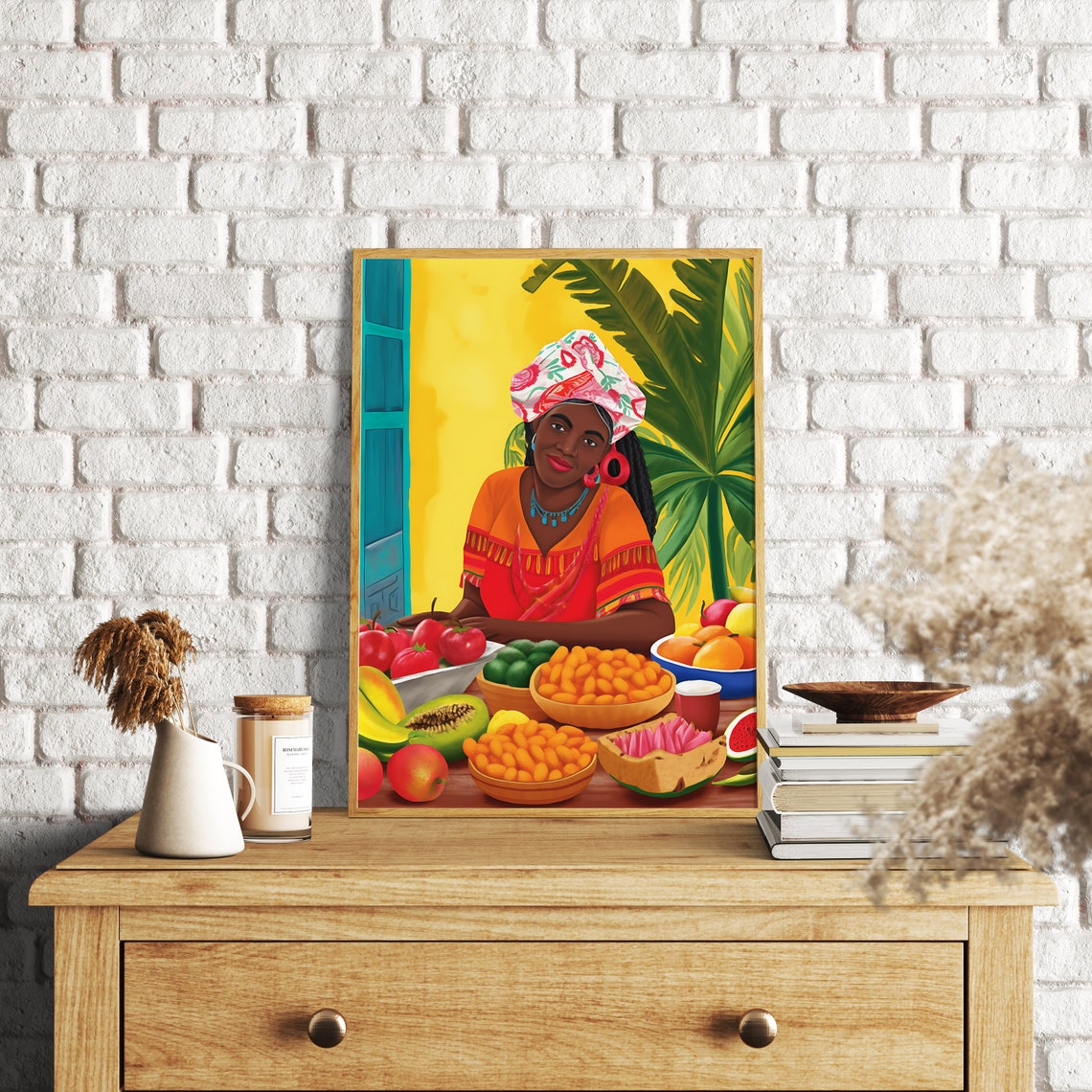 Tropical Fruit Market Woman Vibrant Colorful Folk Style Art Poster - Image 2