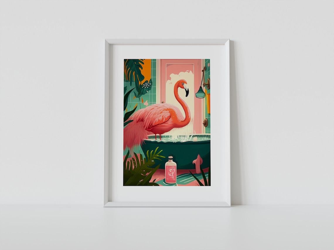 Flamingo Bathroom Humour Maximalist Tropical Art Print - Image 2