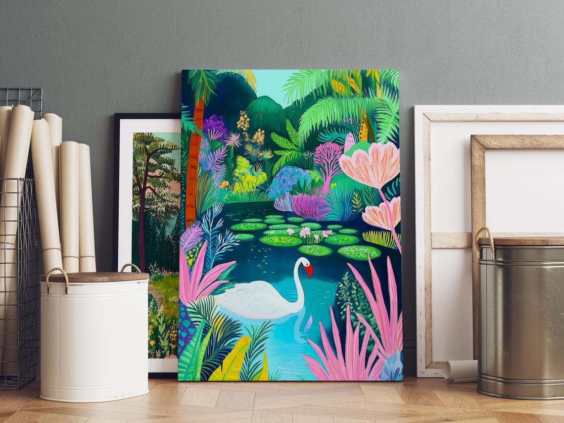 White Swan In A Lush Tropical Jungle Pond Illustration Poster - Image 2