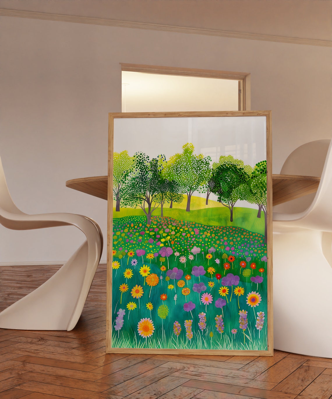 Pointillist Wildflower Meadow Green Trees Colorful Field Art Print