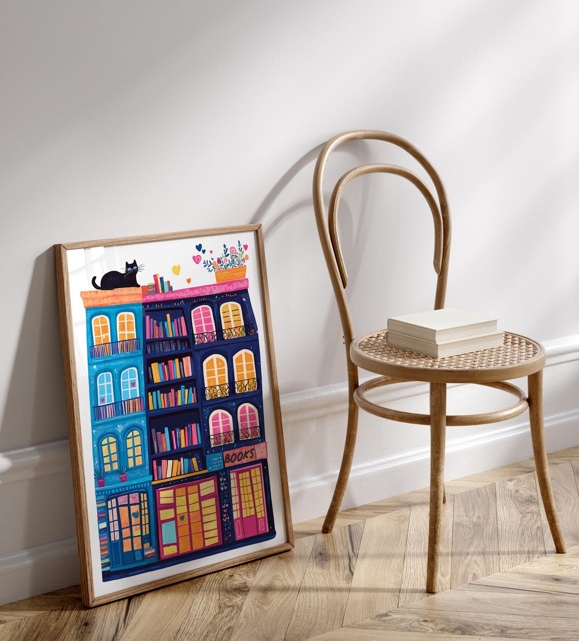 Whimsical Bookshop Black Cat Colorful Books Illustration Wall Art - Image 2