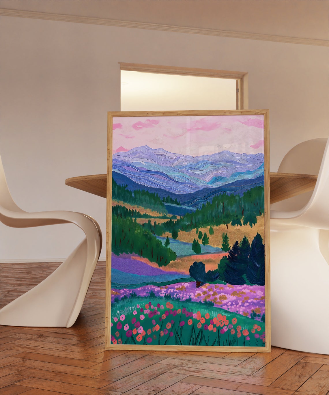 Mountain Fields Purple Peaks Poppy Meadow Landscape Wall Art - Image 3