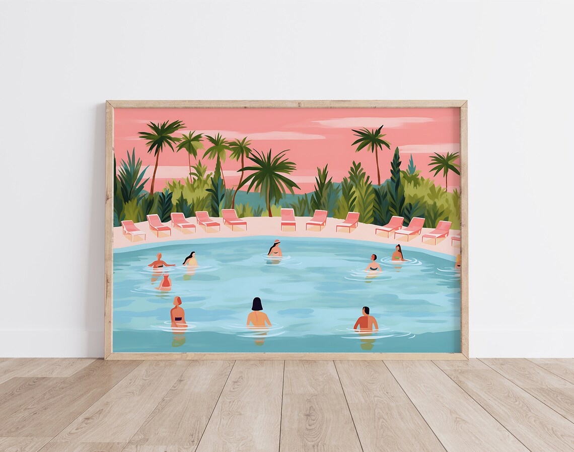 Pink Swimming Pool Poster, Botanical Tropical Summer