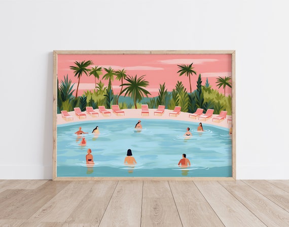 Pink Swimming Pool Poster, Botanical Tropical Summer