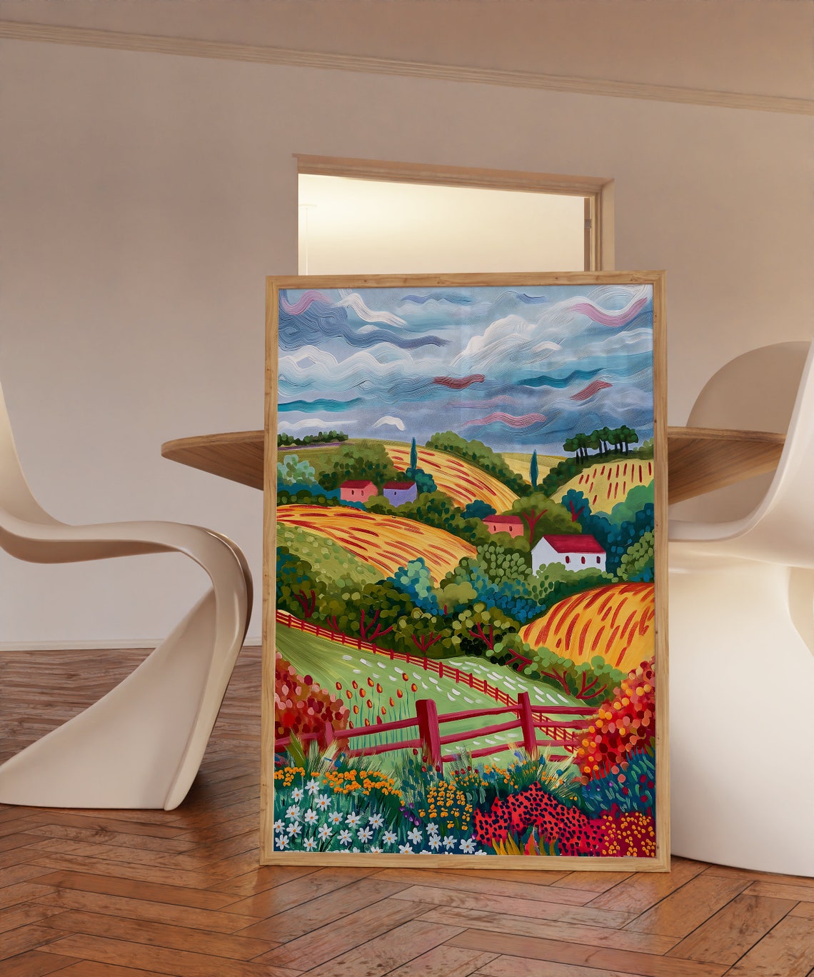 Colorful Countryside Print Rolling Hills Village Wildflowers Fence Art - Image 2