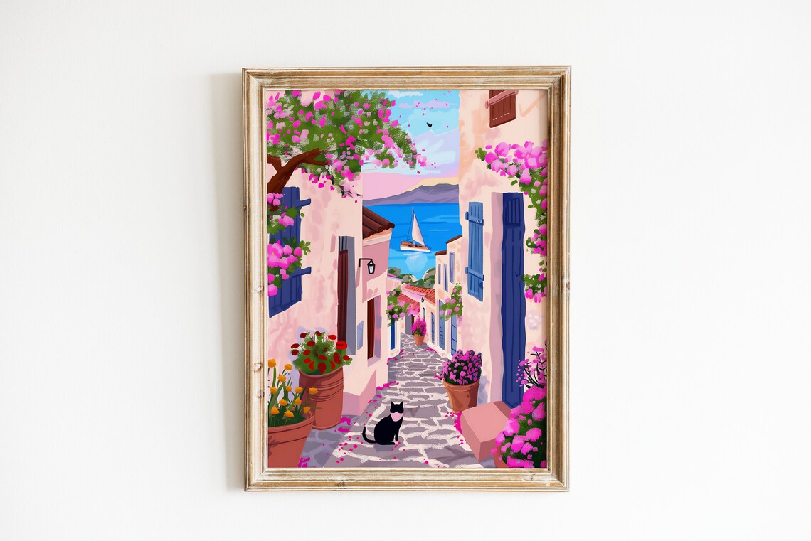 Rhodes Illustration Greece Travel Poster, Lindos Cat