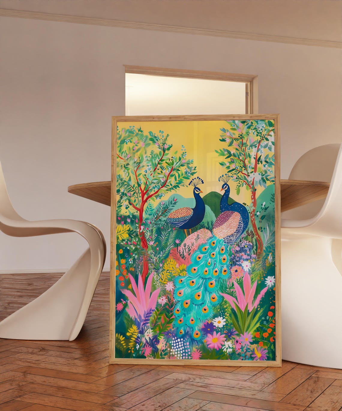 Colorful Peacocks Garden Paradise Indian Lush Bloom Wall Art