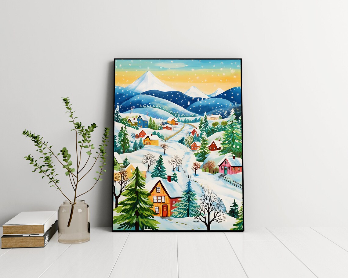 Christmas Town Art Print, Holiday Cottage Scene