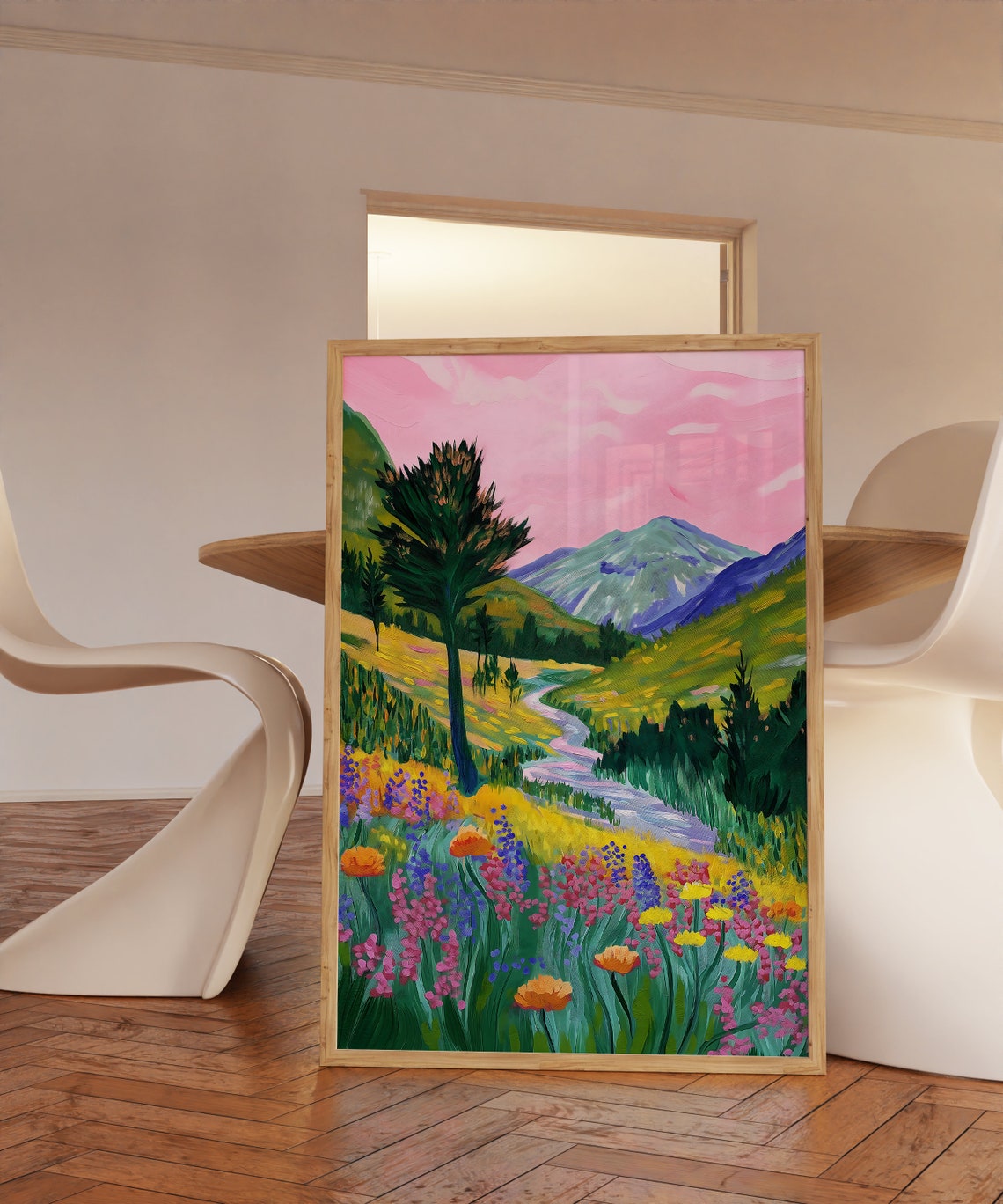 Bright Colorful Mountain Valley River Wildflower Pink Sky Wall Art - Image 3
