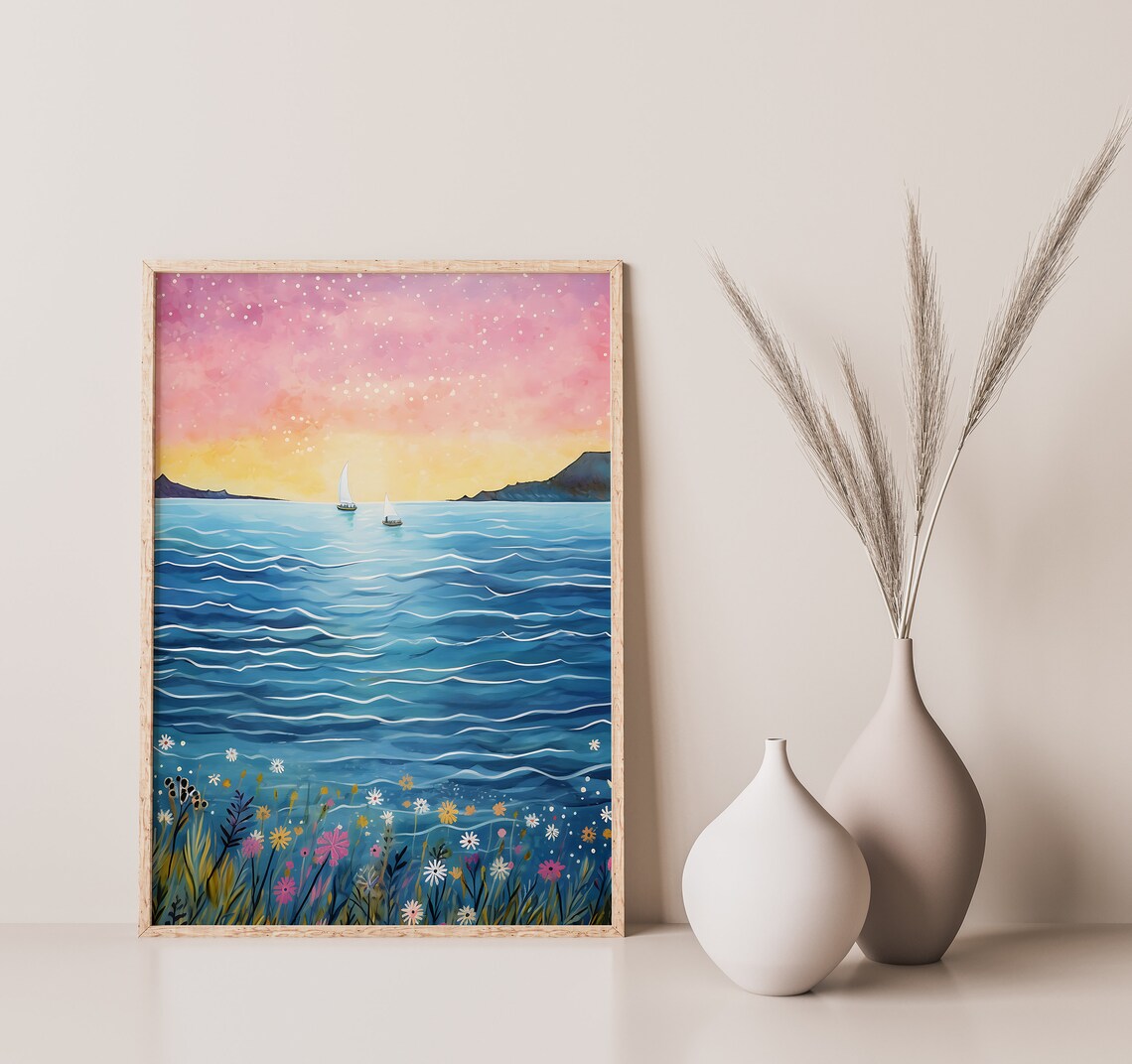 Sunset Seascape Sailboats Pink Sky Wildflowers Coastal Art Poster - Image 2