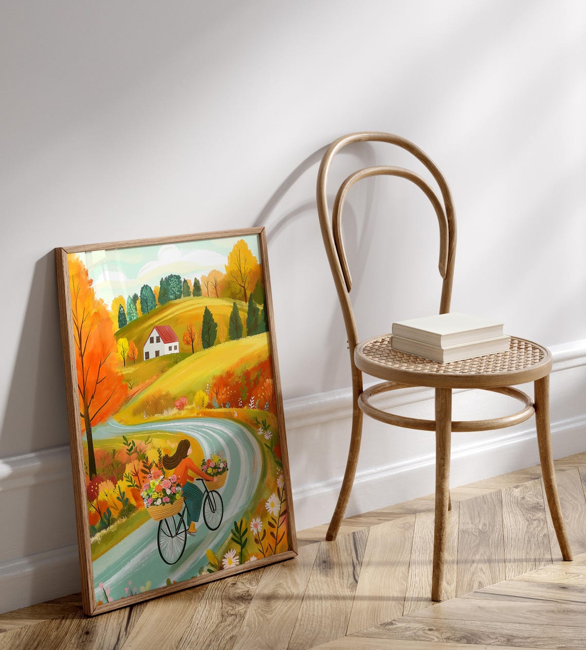 Autumn Countryside Cyclist Flower Baskets Fall Foliage Wall Art - Image 2