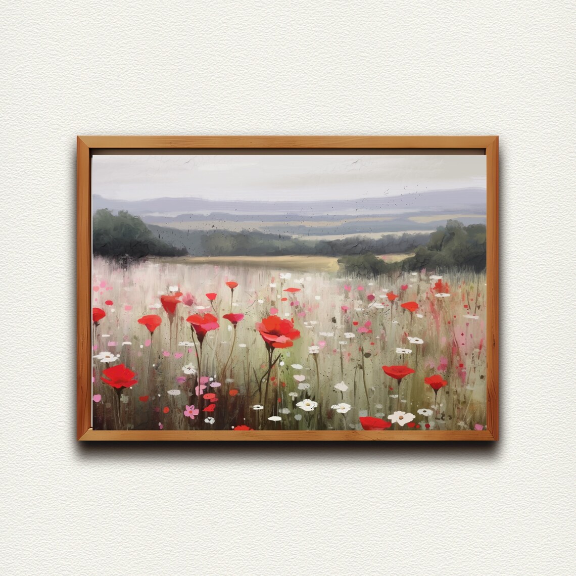 Red Poppy Wildflower Meadow Oil Painting Landscape Art Poster - Image 2