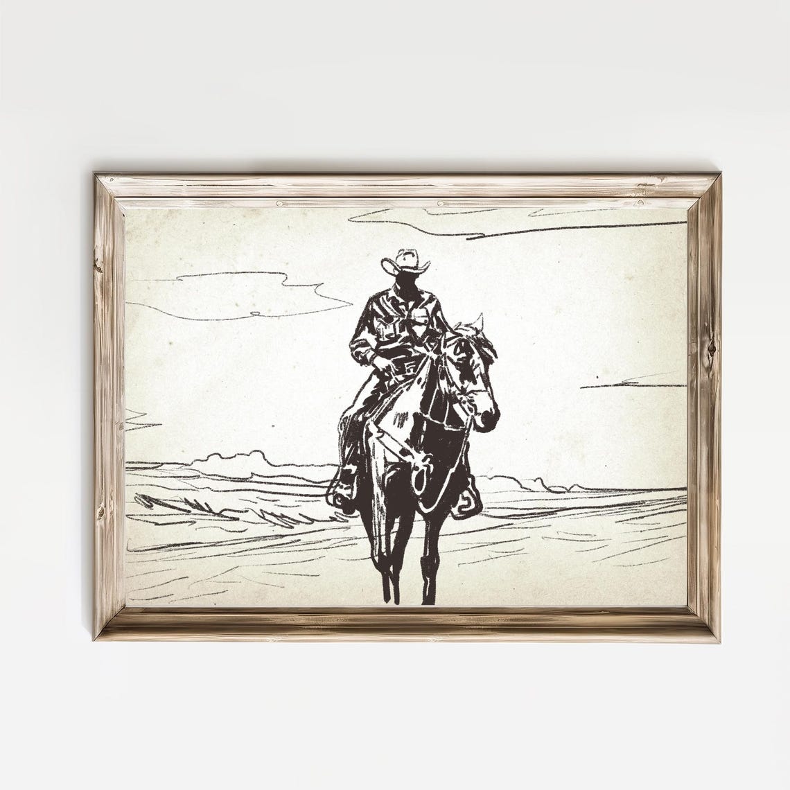Cowboy Riding a Horse Across the Desert in Vintage Sketch Poster