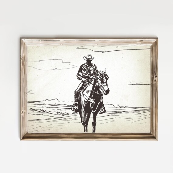 Cowboy Riding a Horse Across the Desert in Vintage Sketch Poster