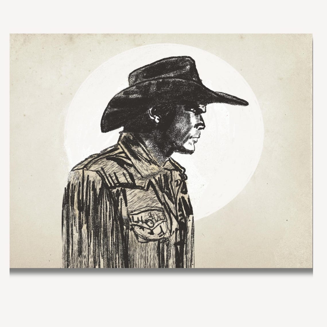 Cowboy Profile Against the Moon in Vintage Western Art Poster - Image 3
