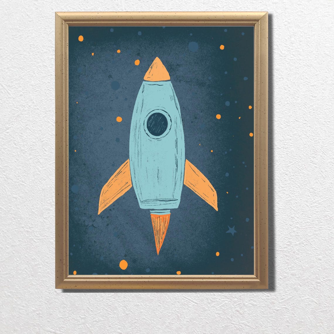 Vintage Blue Rocket Ship Nursery Outer Space Cartoon Art Poster - Image 3