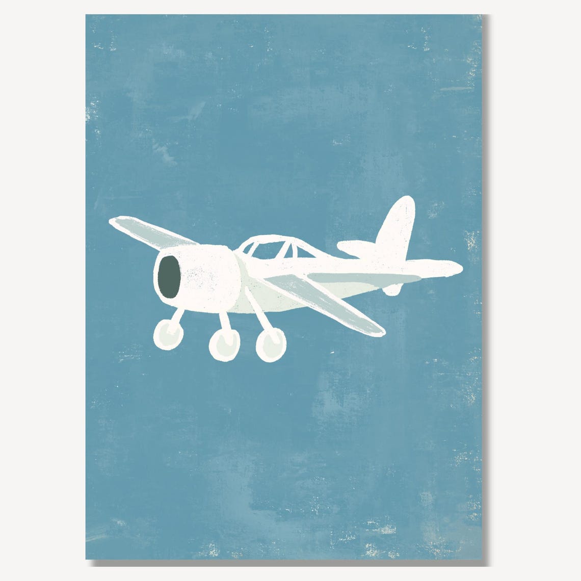 Vintage White Propeller Airplane Flying on Blue Nursery Poster - Image 3