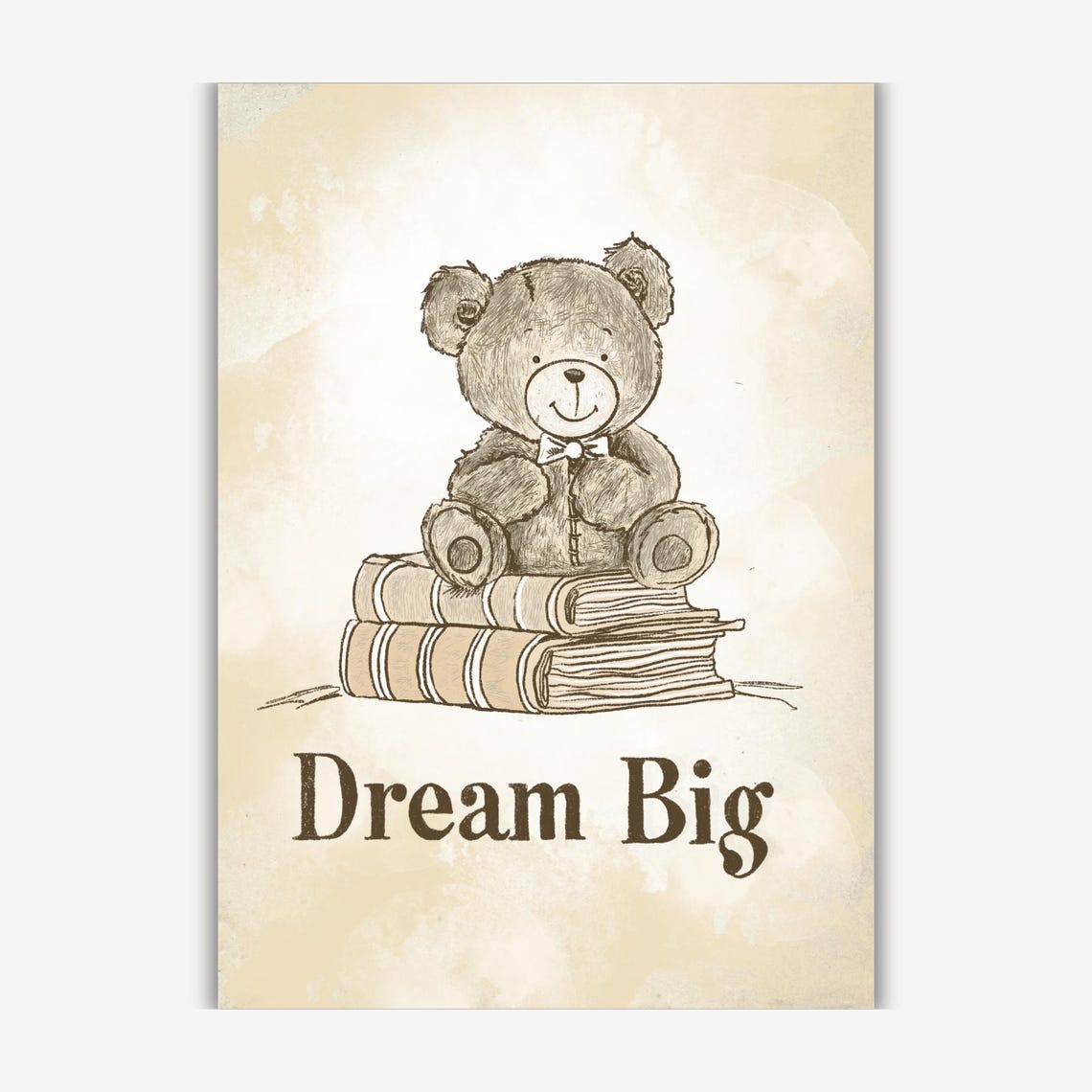 Dream Big Text Teddy Bear Sitting On Books Nursery Quote Poster - Image 4