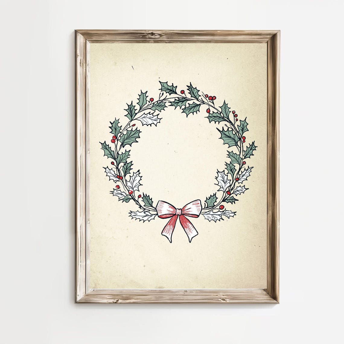 Christmas Holly Wreath With Red Bow In Vintage Holiday Style Poster
