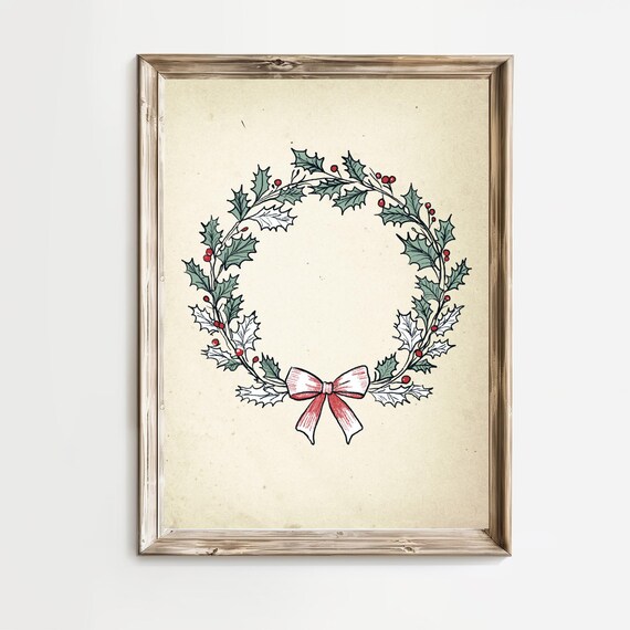 Christmas Holly Wreath With Red Bow In Vintage Holiday Style Poster